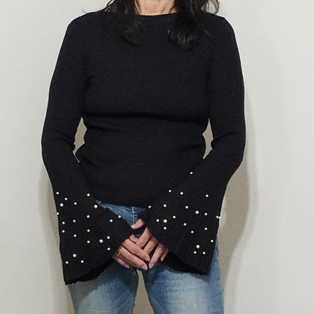 Bell sleeve  pearl embellished black sweater stretchy knit NWOT sz. Sm/Med - Picture 2 of 7